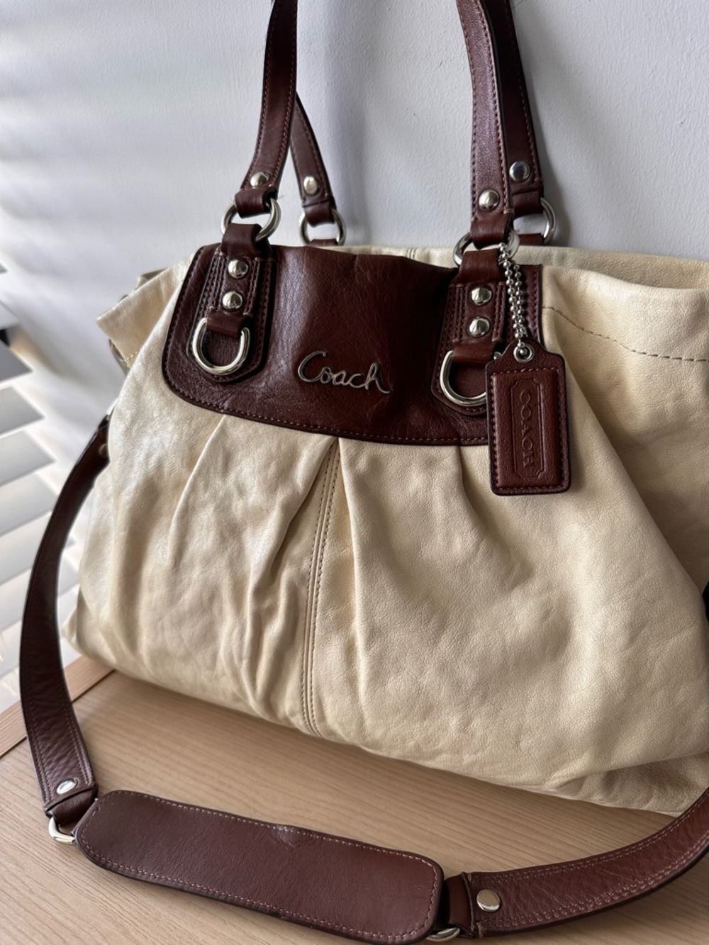 Coach Ashley Cream Shoulder Bag with Brown Leather Trim